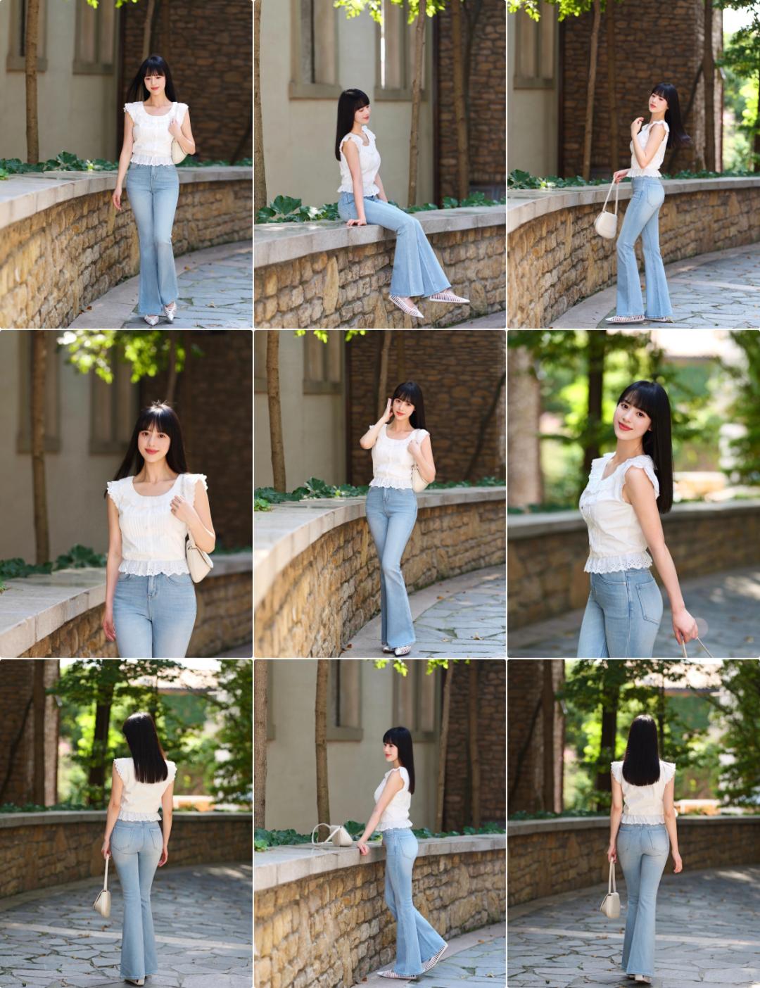 牛仔裤+白T，几个动作学起来，苗条身材大长腿，拍照好看谁不爱